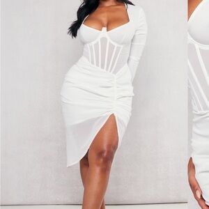 NWOT PrettyLittleThing White ruched corset  Long Sleeve Dress L size 8